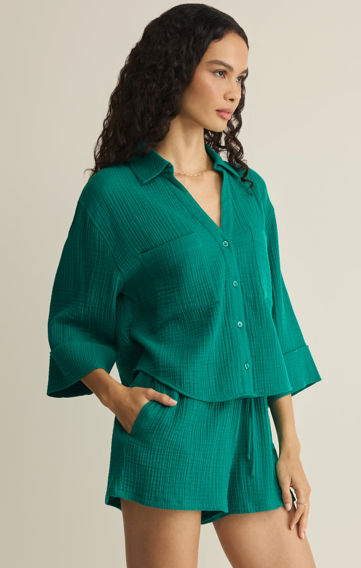 Tops Helena Airy Gauze Button Up Rainforest