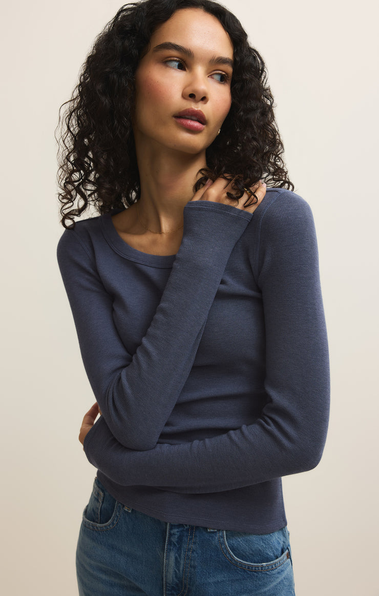 Tops Renae Slub Rib Long Sleeve Top Indigo