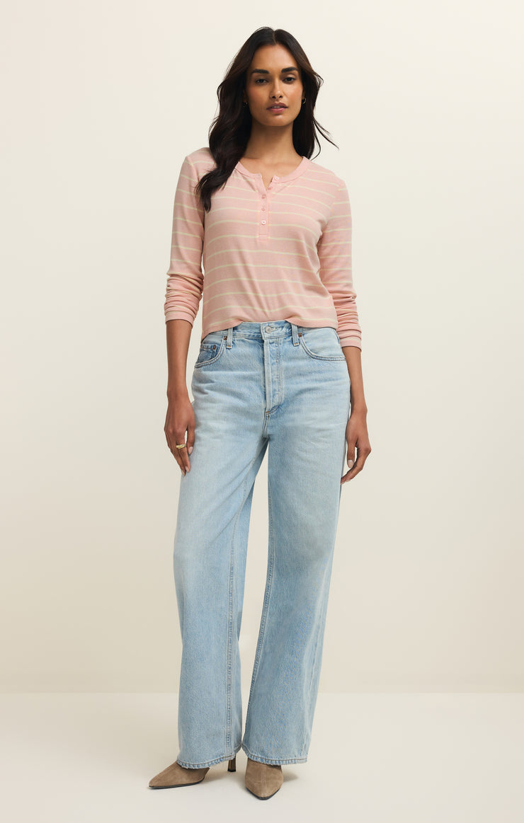 Tops Ferris Cropped Striped Henley Top Washed Pink
