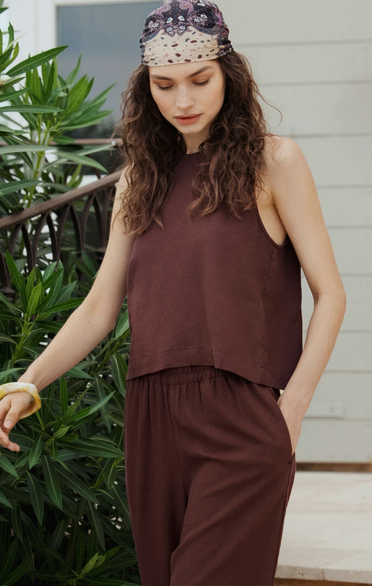 Tops Sloane Linen Cropped Tank Chocolate Cherry
