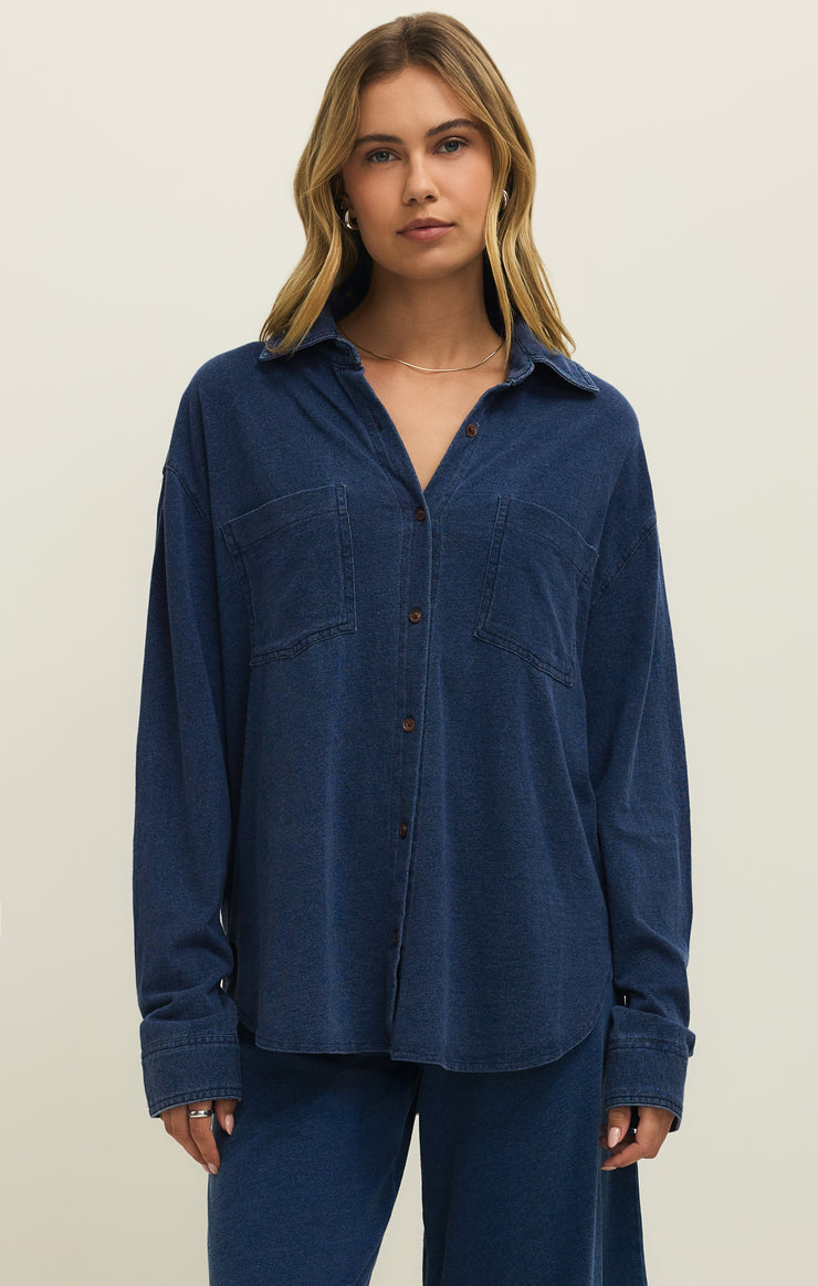 Tops Reese Jersey Denim Button Up Indigo