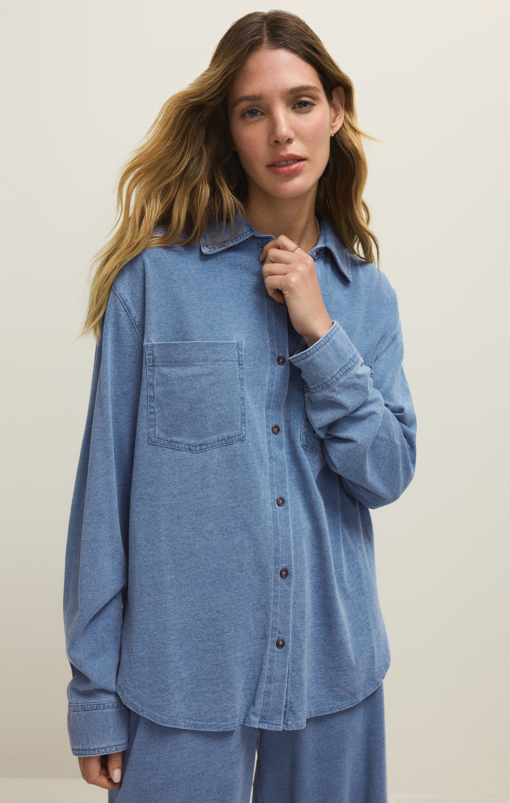 Tops Reese Jersey Denim Button Up Santorini Indigo