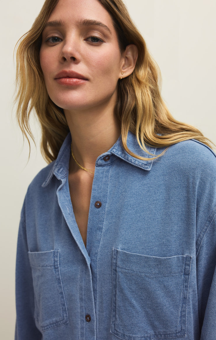 Tops Reese Jersey Denim Button Up Santorini Indigo