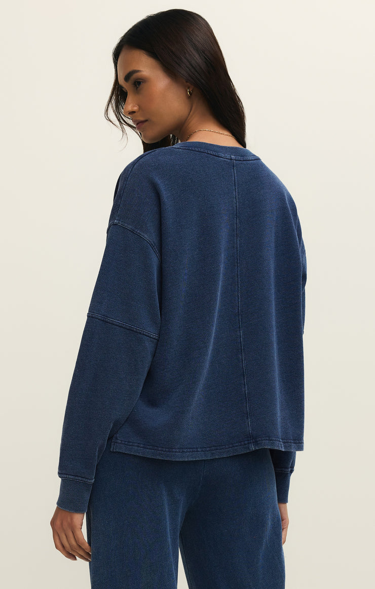 Tops Delphine Knit Denim V-Neck Sweatshirt Indigo