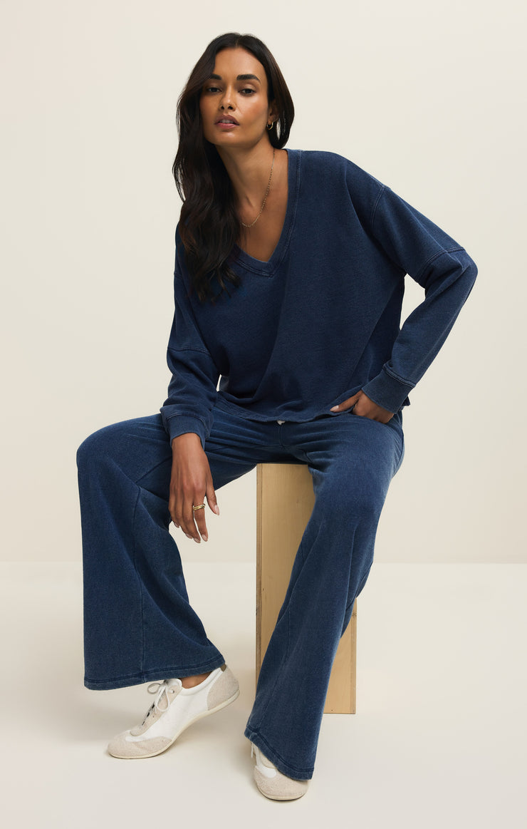 Tops Delphine Knit Denim V-Neck Sweatshirt Delphine Knit Denim V-Neck Sweatshirt