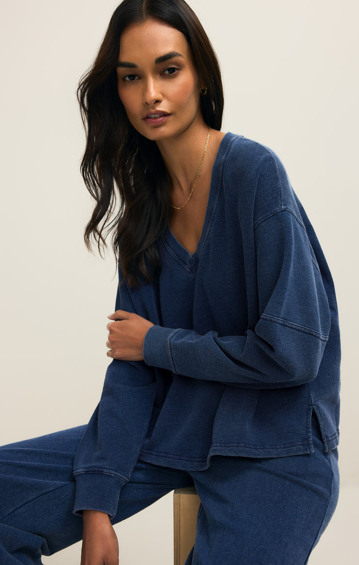 Tops Delphine Knit Denim V-Neck Sweatshirt Delphine Knit Denim V-Neck Sweatshirt