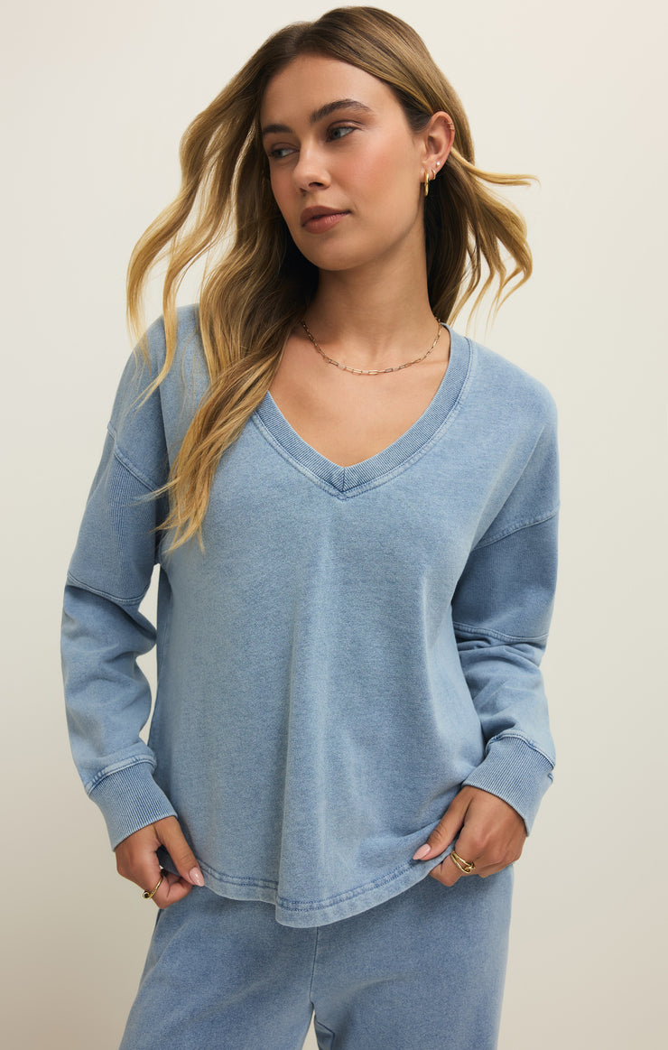 Tops Delphine Knit Denim V-Neck Sweatshirt Ocean Air Indigo