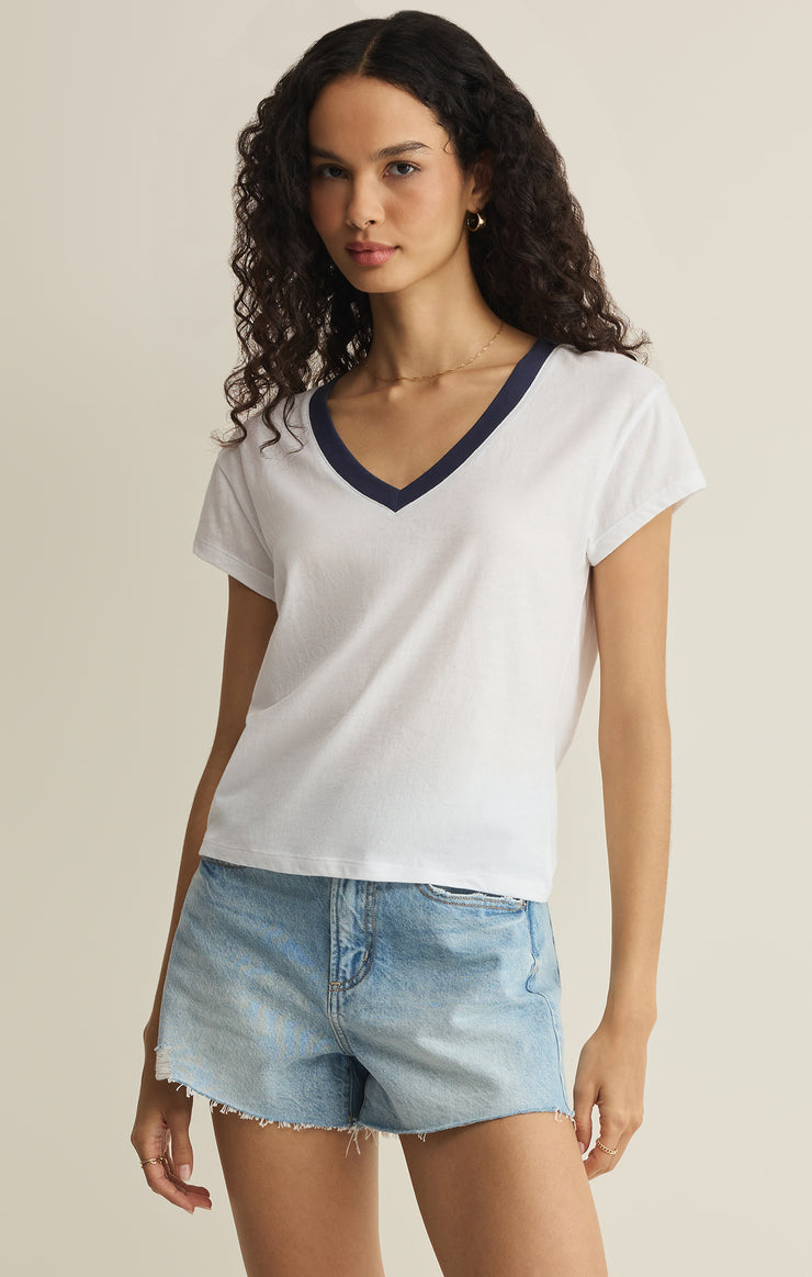 Tops Modern Contrast V-Neck Tee White