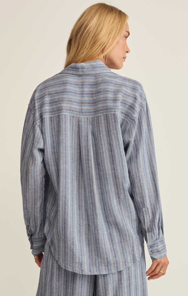 Tops The Perfect Striped Linen Button Up Indigo