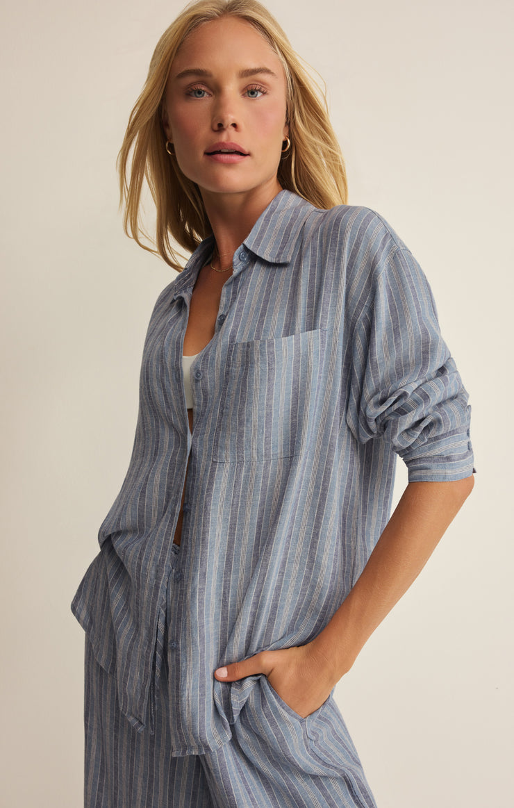 Tops The Perfect Striped Linen Button Up Indigo