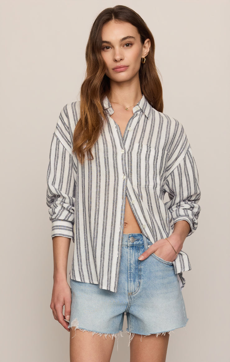 Tops The Perfect Striped Linen Button Up White