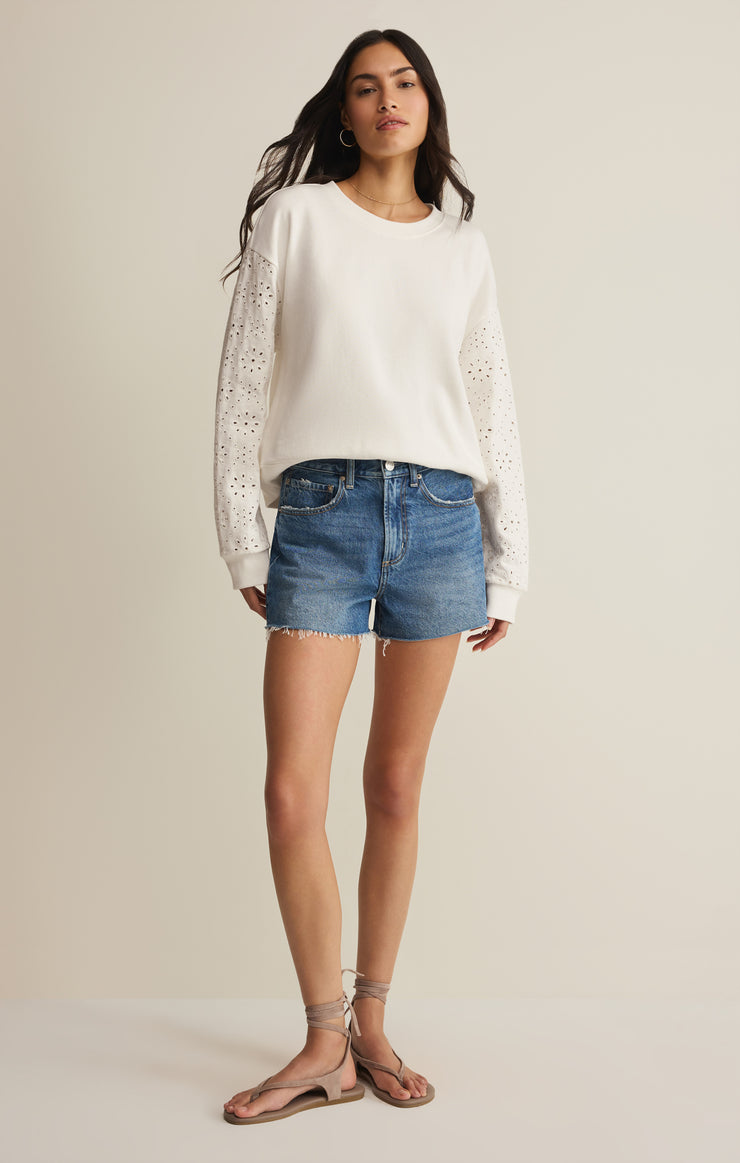 Tops Mosaic Knit Eyelet Sweatshirt White