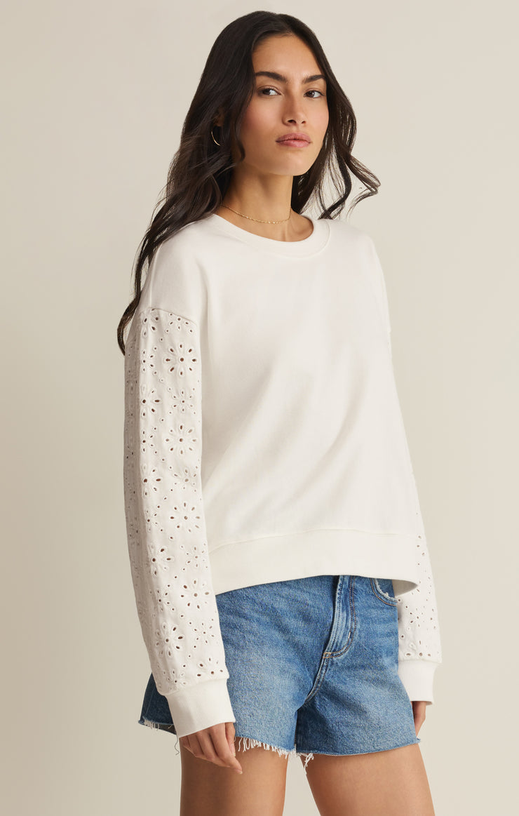 Tops Mosaic Knit Eyelet Sweatshirt White