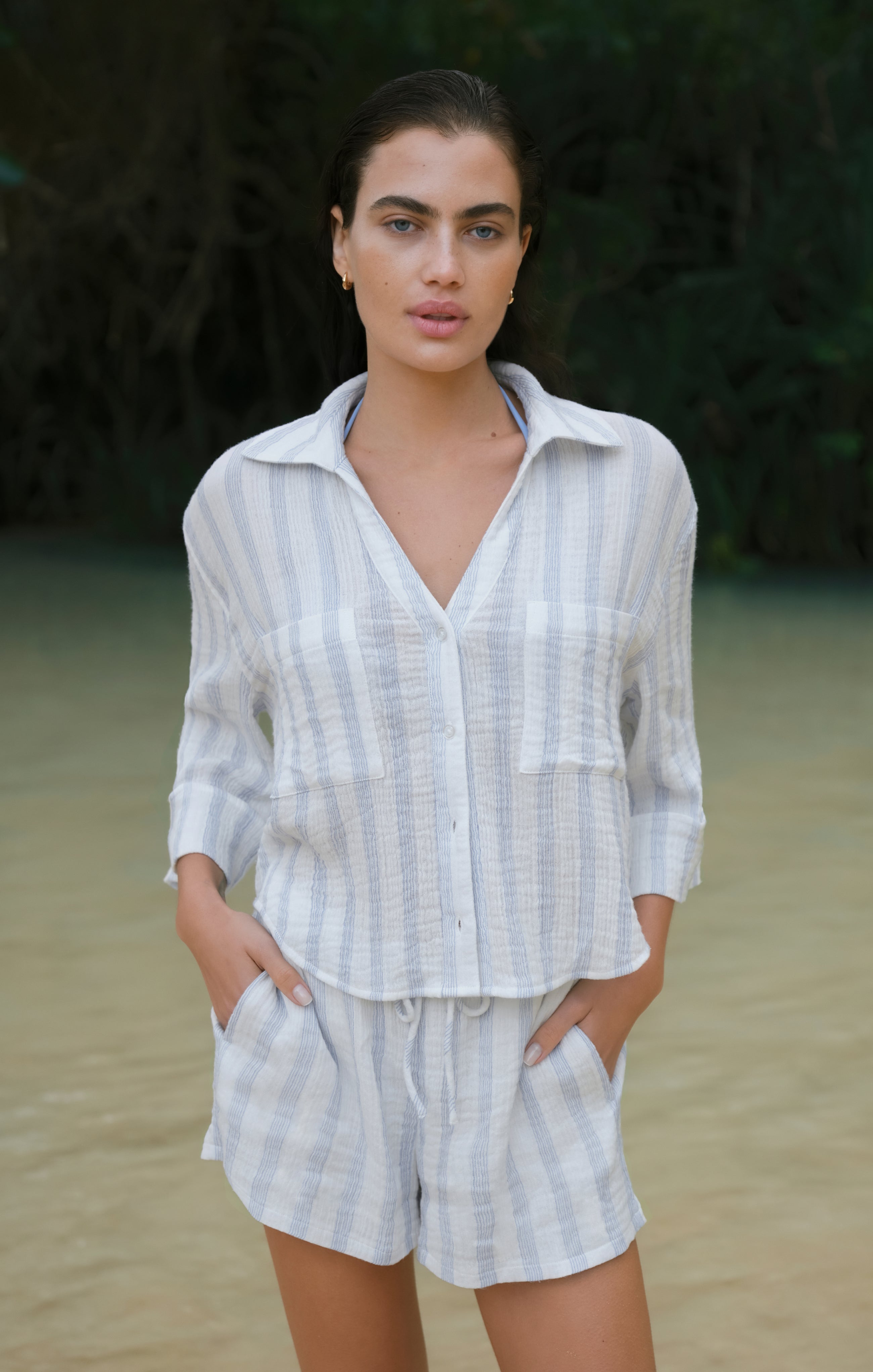 hella／linen stripe shirt Bayside Stripe Linen Big Shirt - Coldwater Creek