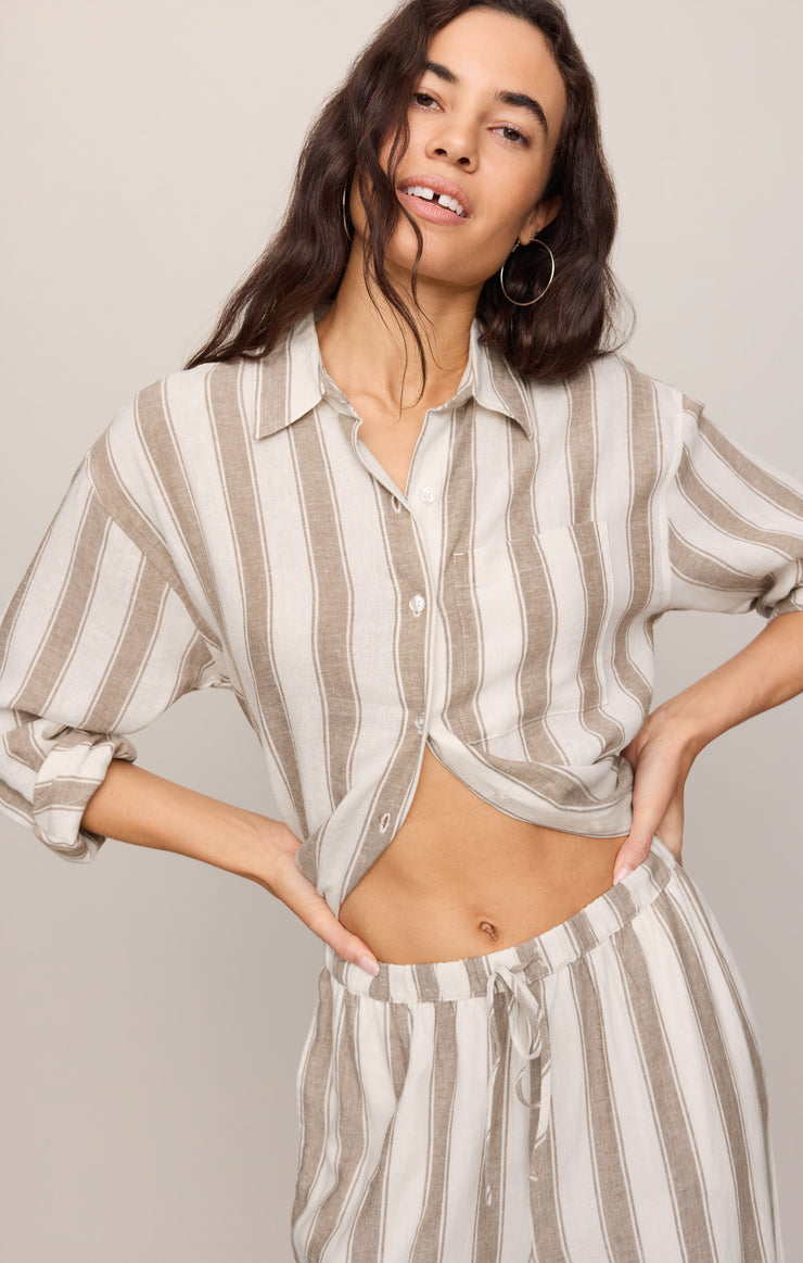 Tops Perfect Striped Linen Button Up Light Toffee
