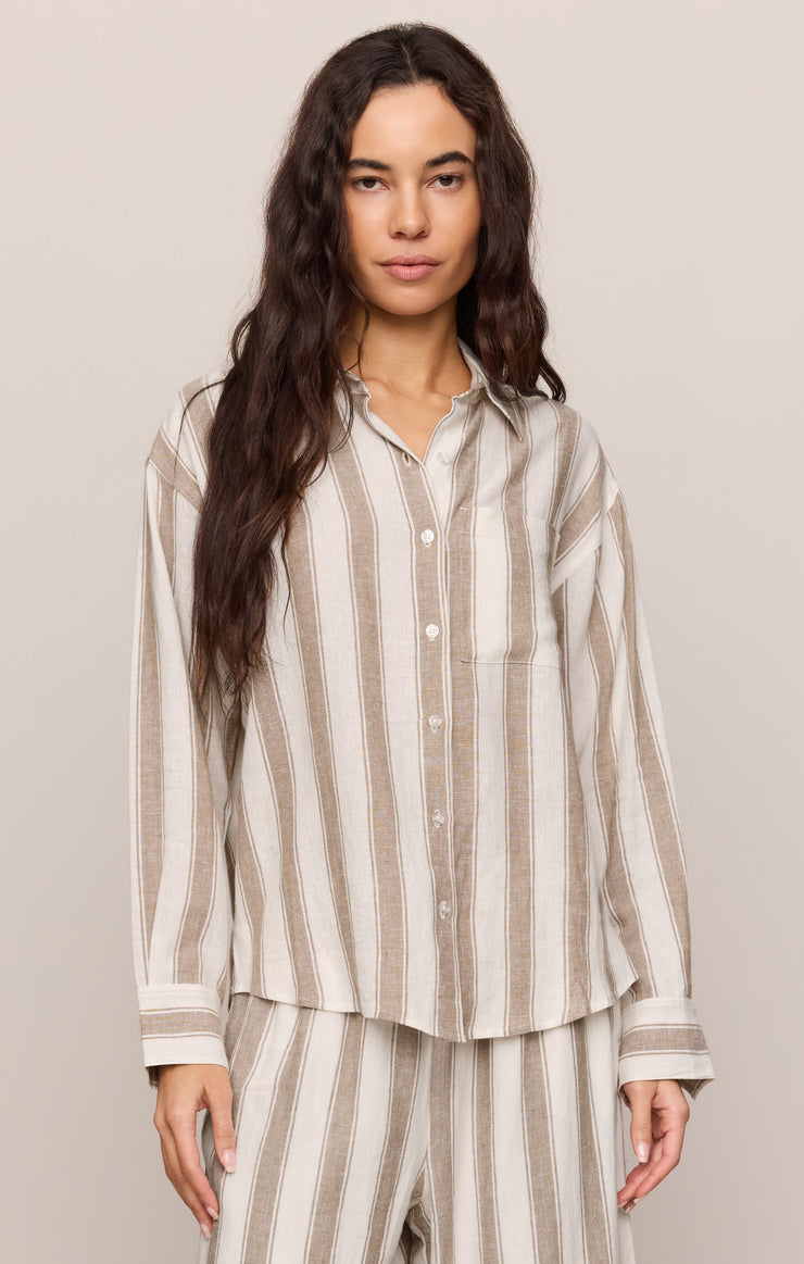 Tops Perfect Striped Linen Button Up Light Toffee