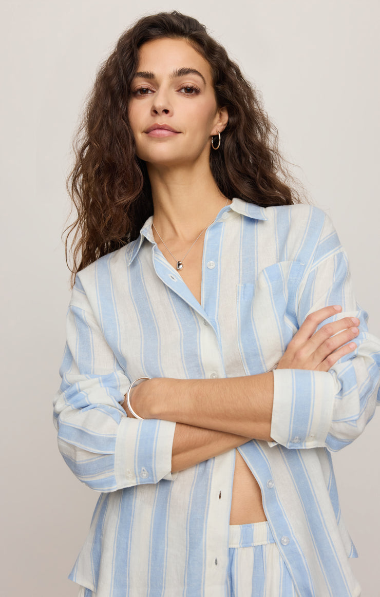 Tops Perfect Striped Linen Button Up Skyline