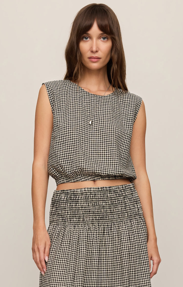 Tops Merit Cropped Gingham Linen Top Black