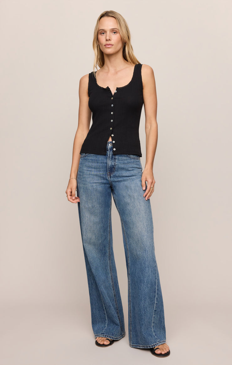 Tops Lainey Pointelle Button Front Tank Black