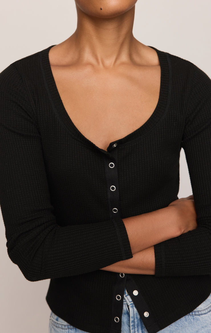 Tops Albany Waffle Snap Front Top Black