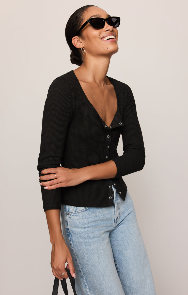 Tops Albany Waffle Snap Front Top Black