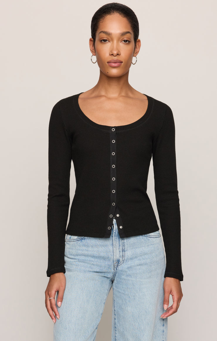 Tops Albany Waffle Snap Front Top Black