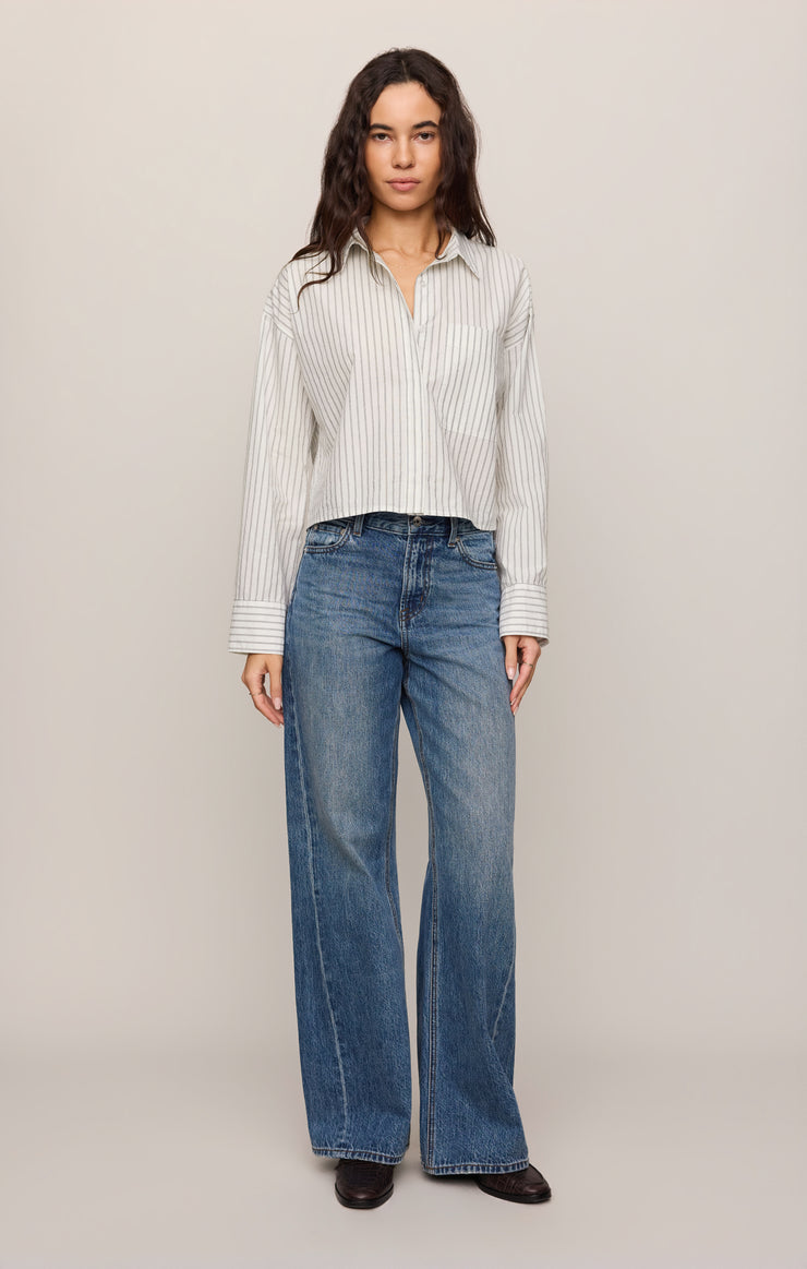 Tops Favorite Striped Button Up White