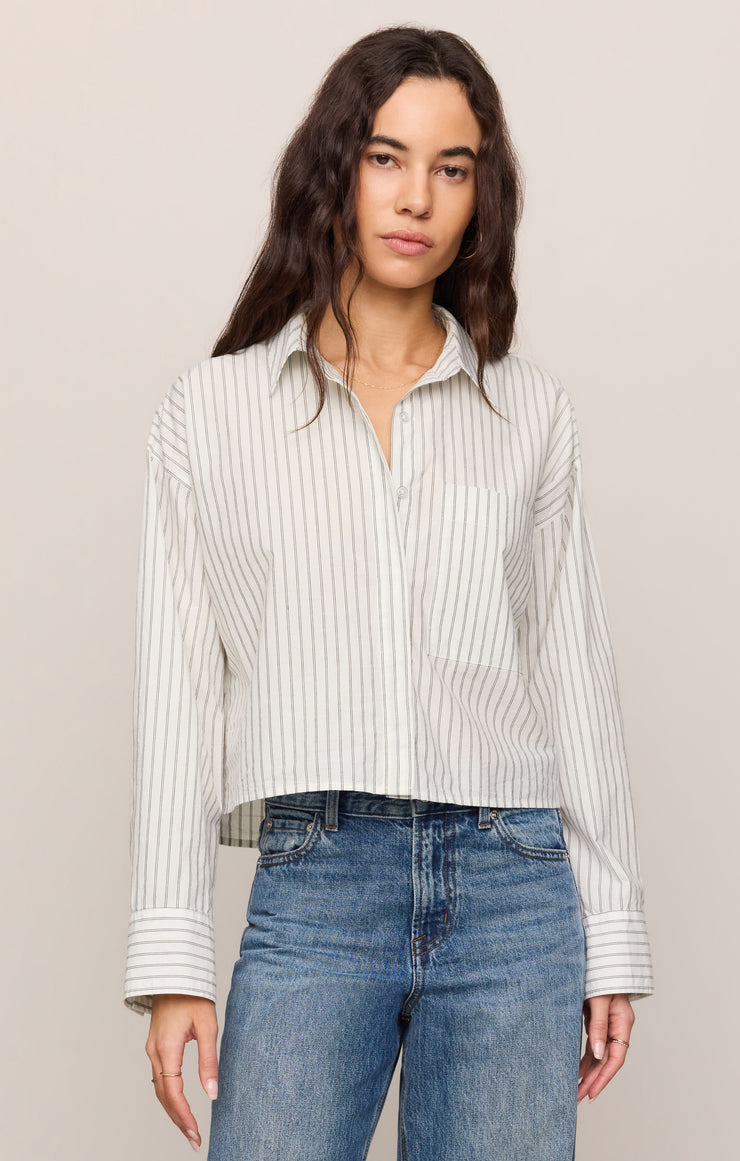 Tops Favorite Striped Button Up White