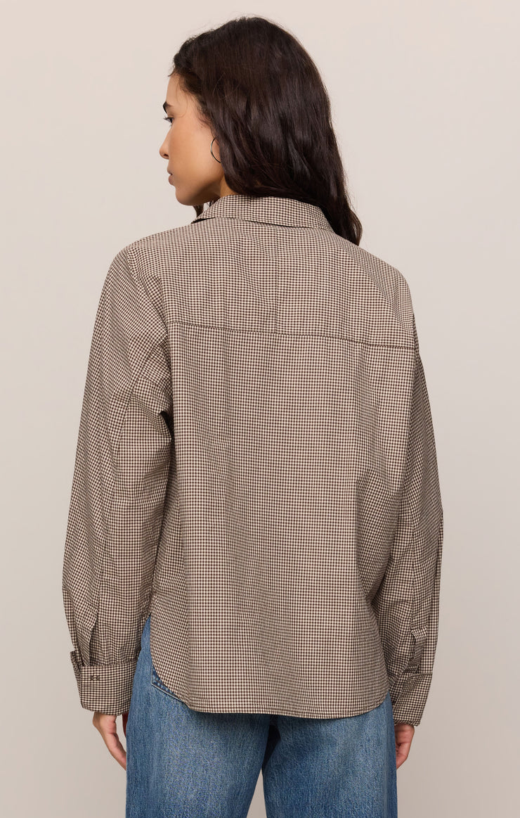 Tops On Duty Gingham Button Up Shirt Dark Chocolate