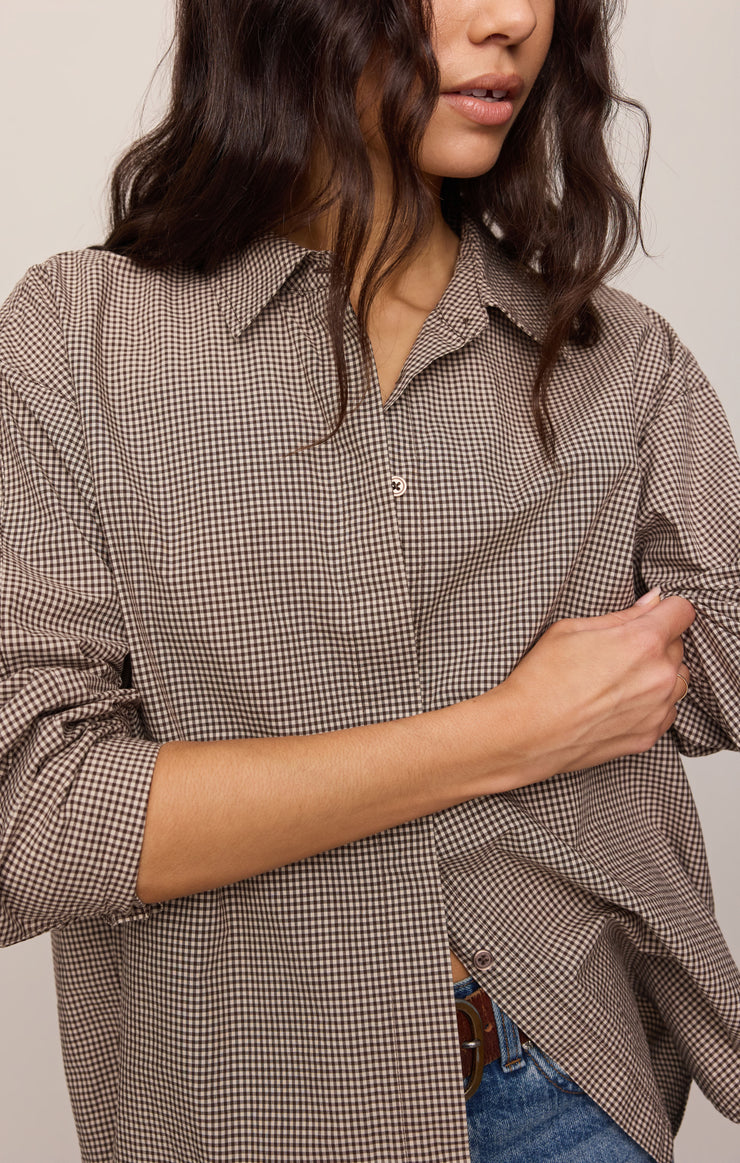 Tops On Duty Gingham Button Up Shirt Dark Chocolate