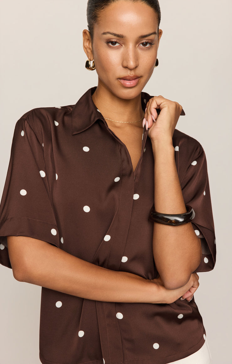 Tops Mari Satin Dot Button Up Chocolate Cherry