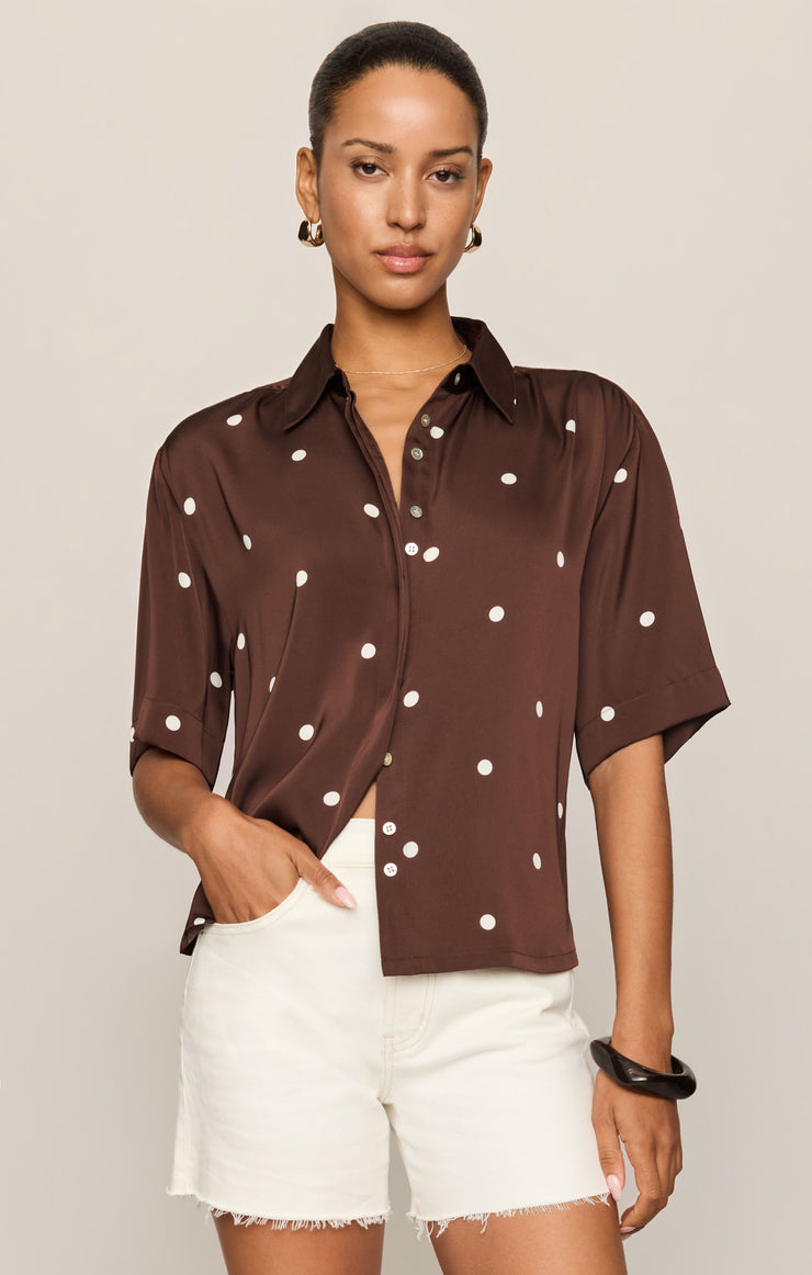 Tops Mari Satin Dot Button Up Chocolate Cherry