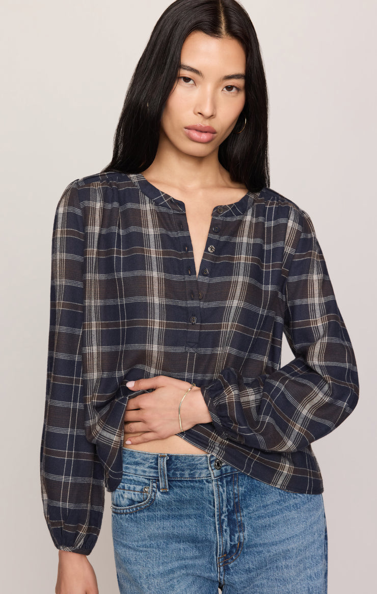 Tops Autumn Plaid Henley Blouse Eclipse
