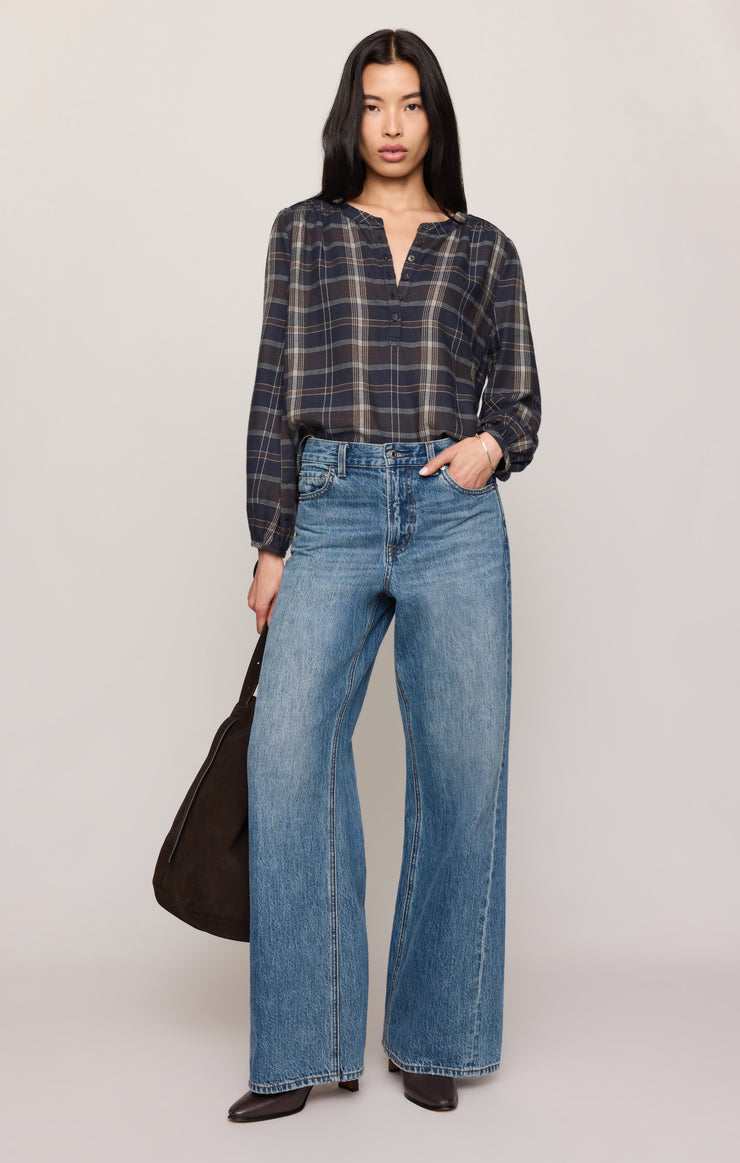 Tops Autumn Plaid Henley Blouse Eclipse