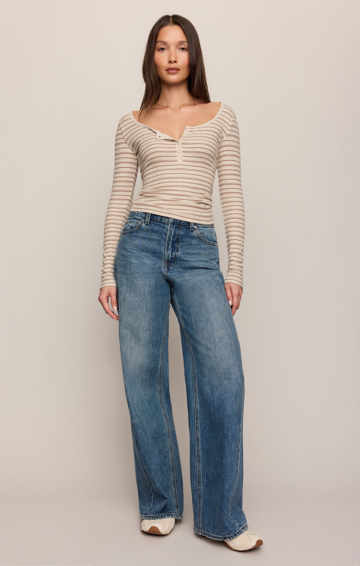 Tops Andie Striped Henley Top Light Oatmeal Heather