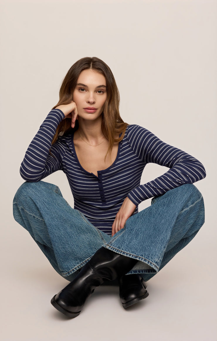 Tops Andie Striped Henley Top Oxford Blue