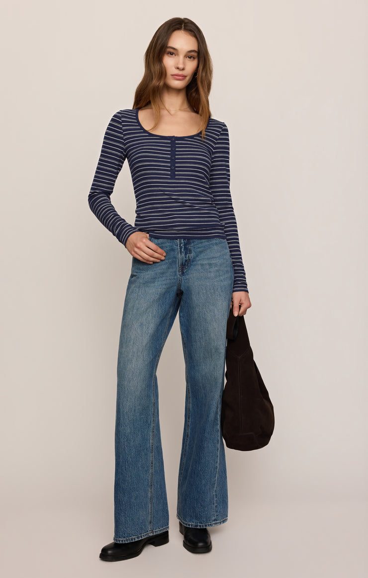 Tops Andie Striped Henley Top Oxford Blue