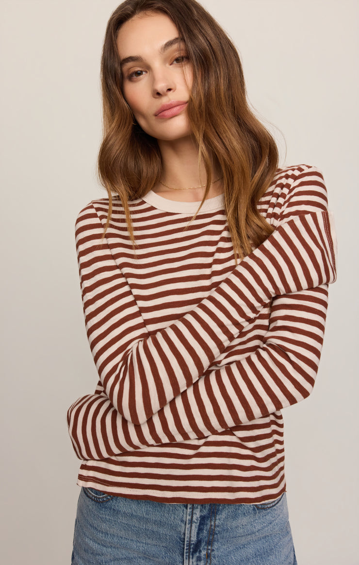 Tops Junie Long Sleeve Stripe Slub Tee Dark Rosewood