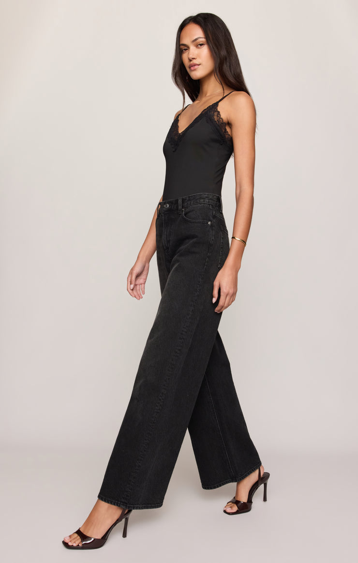 Tops After Dark Lace Trim Bodysuit Black