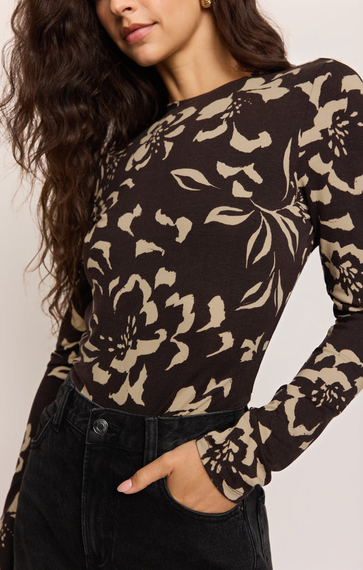 Tops Onyx Freya Floral Long Sleeve Top Dark Roast