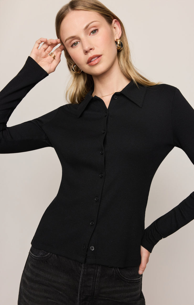 Tops Tully Rib Button Up Top Black