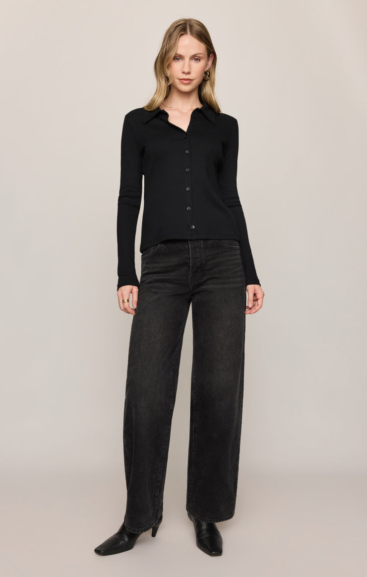 Tops Tully Rib Button Up Top Black