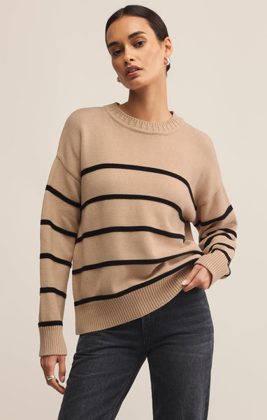 売れ筋商品|||ティー・タハリ ニット&セーター アウター レディース Women's Mixed-Stitch Colorblocked Sweater Soft Tan/white Multi Striped Long Sleeve Sweater | Pre Order