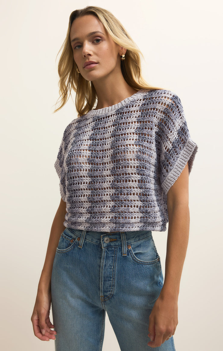 Tops Ballast Crochet Stripe Sweater Top Calypso Blue Indigo