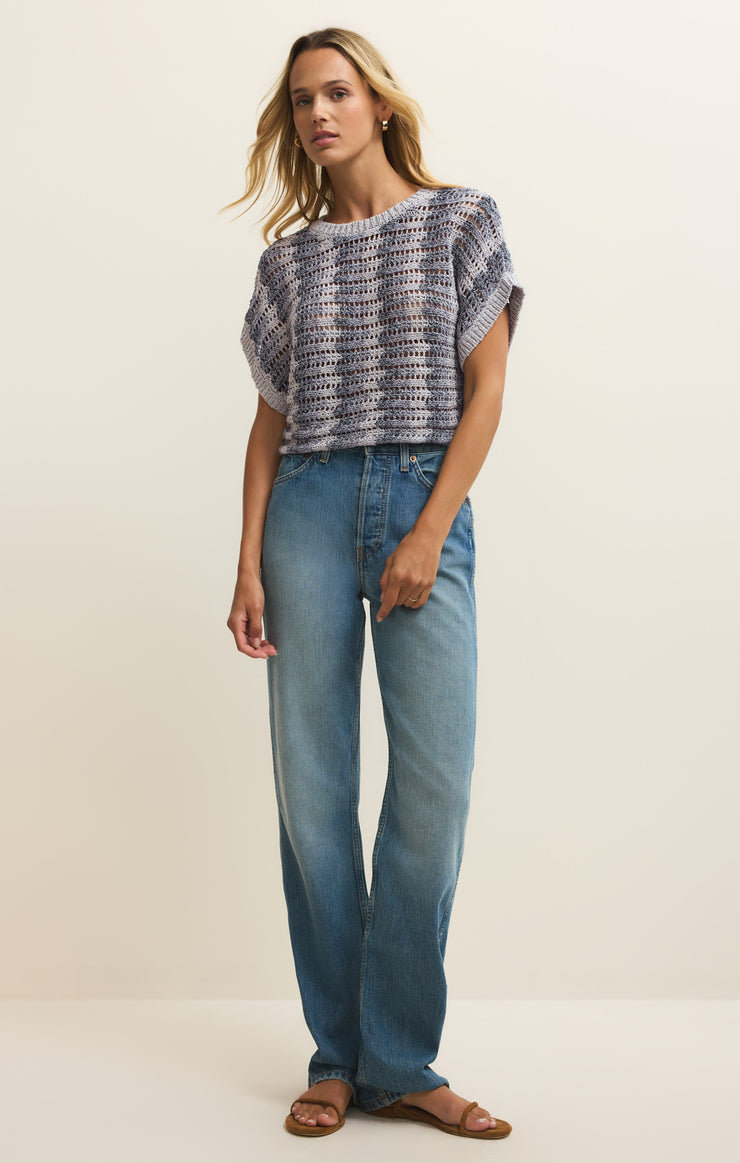 Tops Ballast Crochet Stripe Sweater Top Calypso Blue Indigo