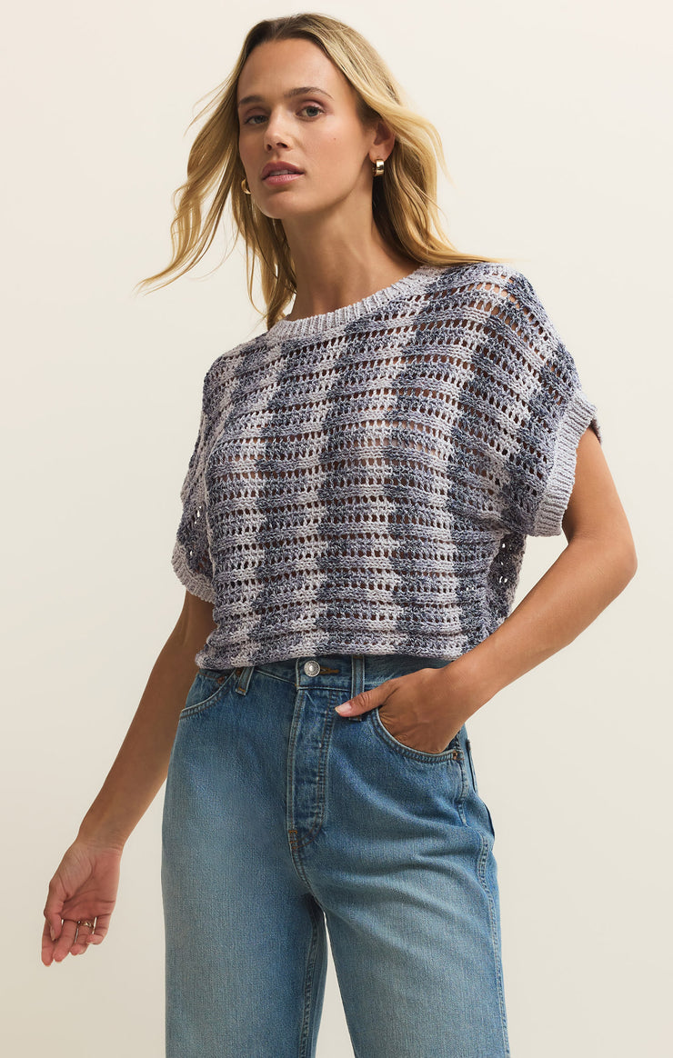Tops Ballast Crochet Stripe Sweater Top Calypso Blue Indigo