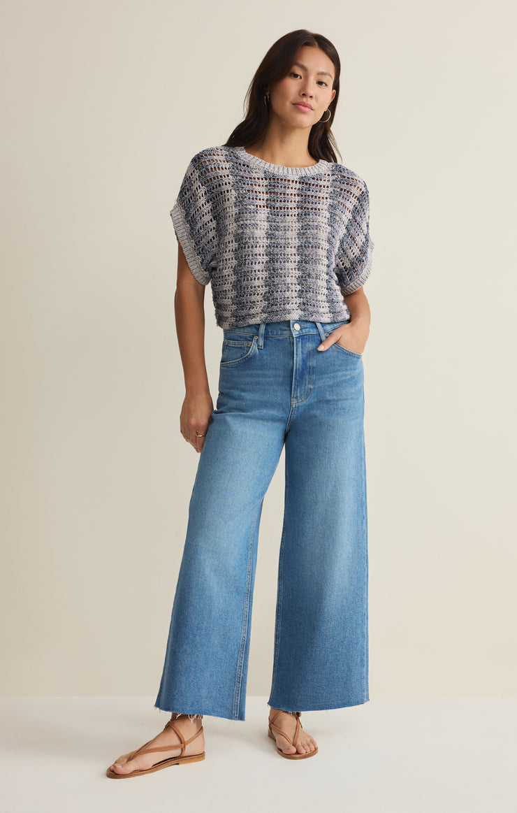 Tops Ballast Crochet Stripe Sweater Top Calypso Blue Indigo